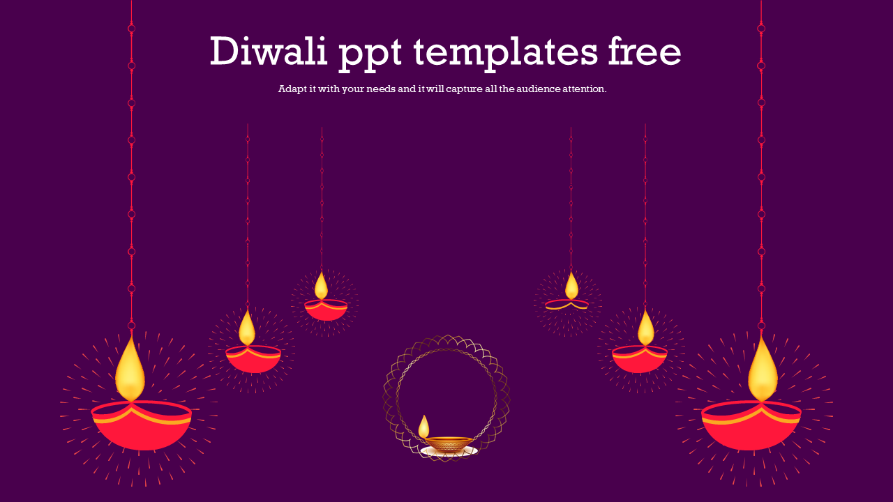 Diwali slide with hanging oil lamps and a central diya on a rich purple background.