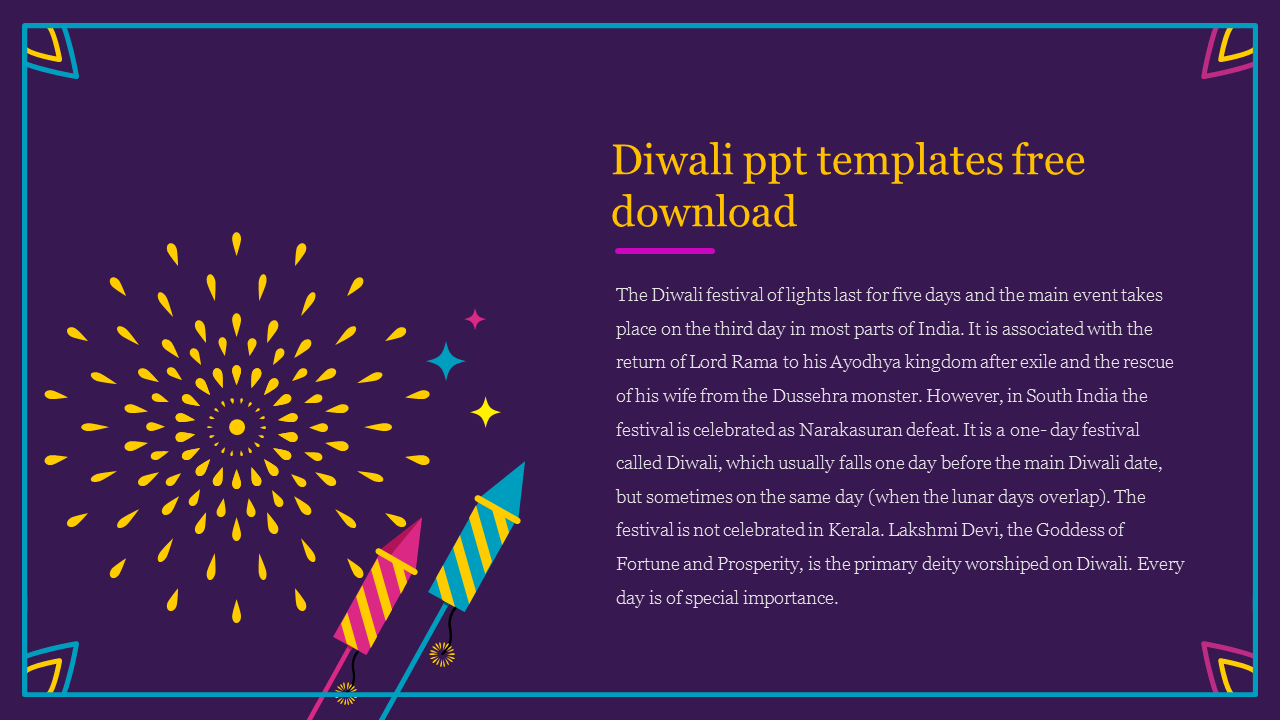 Diwali-themed slide with colorful fireworks, rocket illustrations, and a bordered design with a dark background.