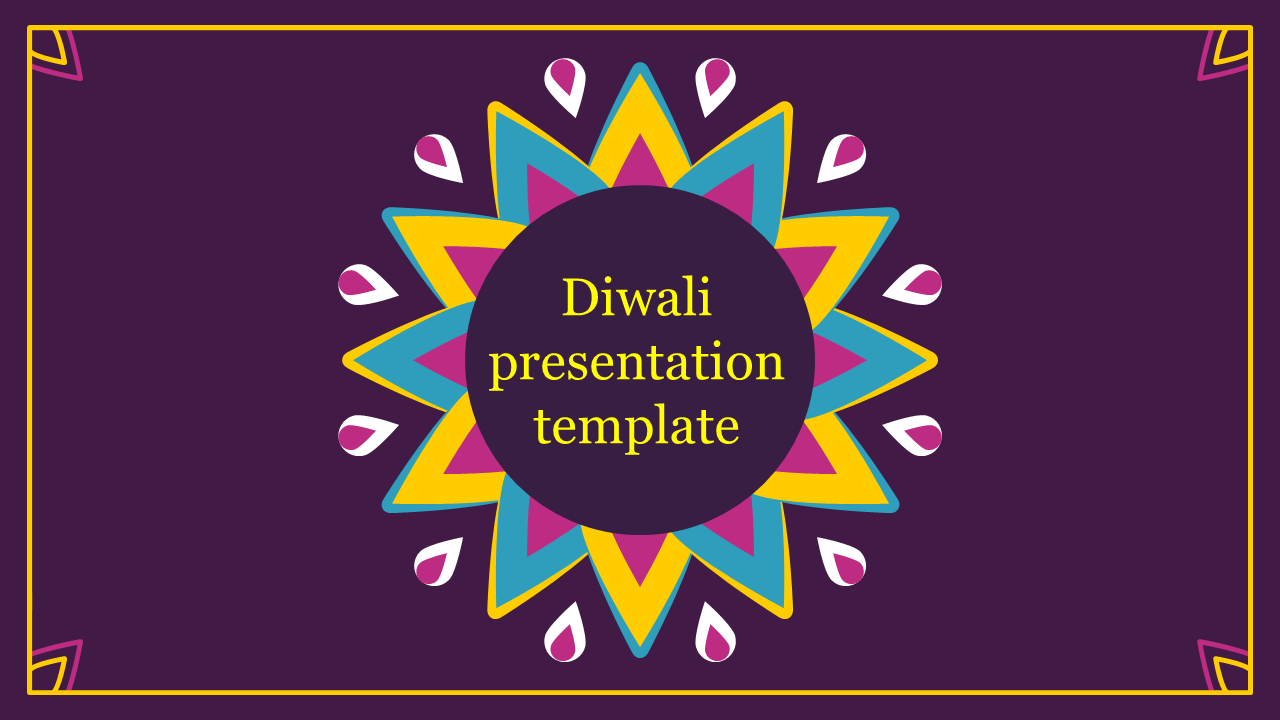 Diwali presentation template with a colorful mandala design on a purple backdrop.