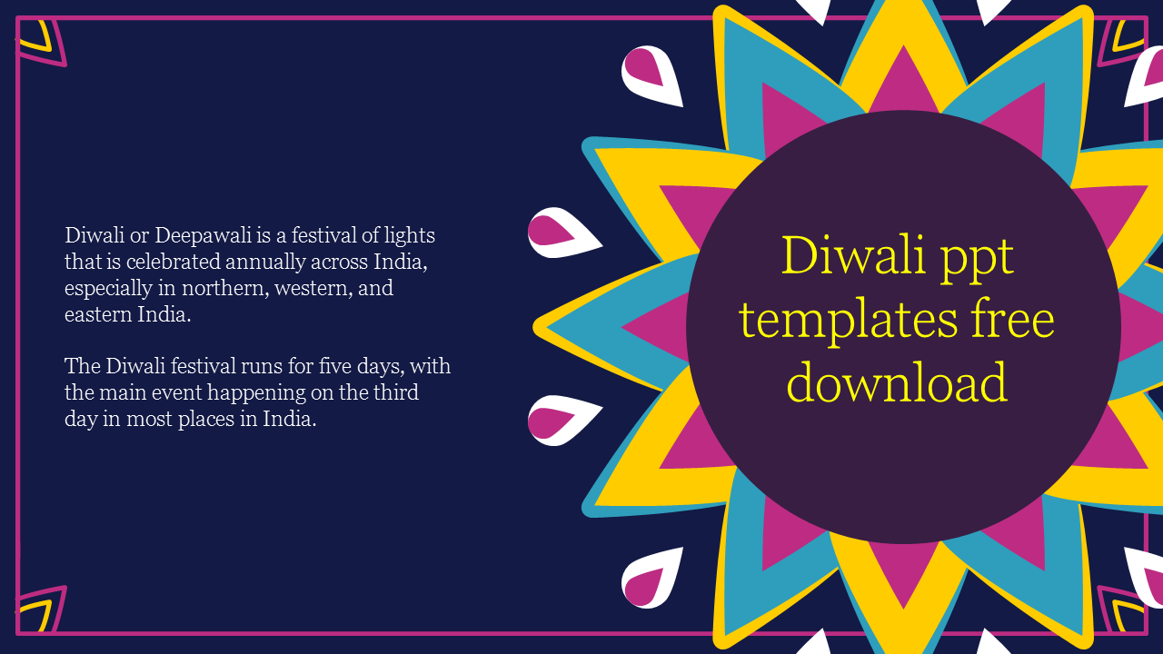 Diwali PowerPoint template featuring a colorful rangoli design with information about the festival on a dark background.