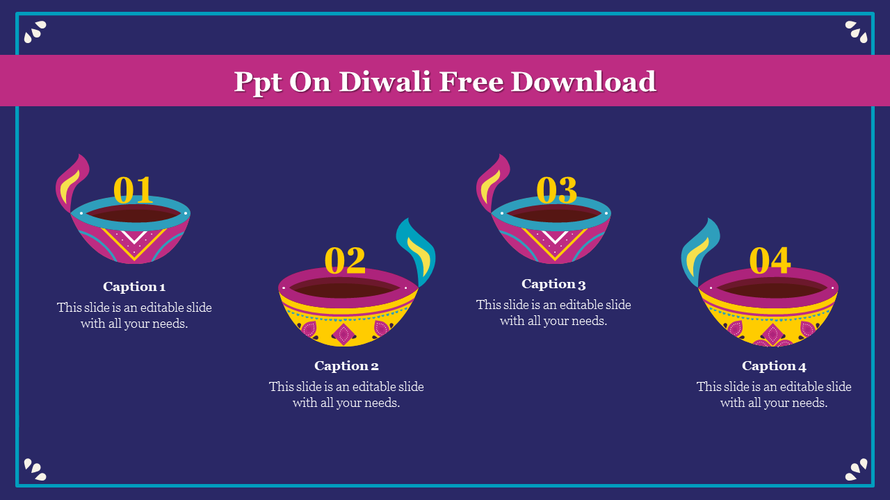 Diwali themed PPT slide with four decorative oil lamps on a dark blue background, each numbered and labeled with captions.