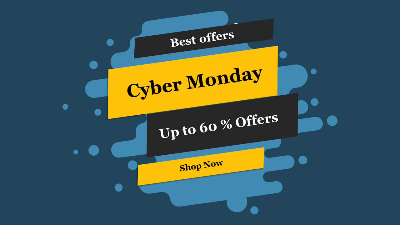 Yellow and black banners on a blue abstract background highlighting a cyber monday promotion with bold, layered text design.