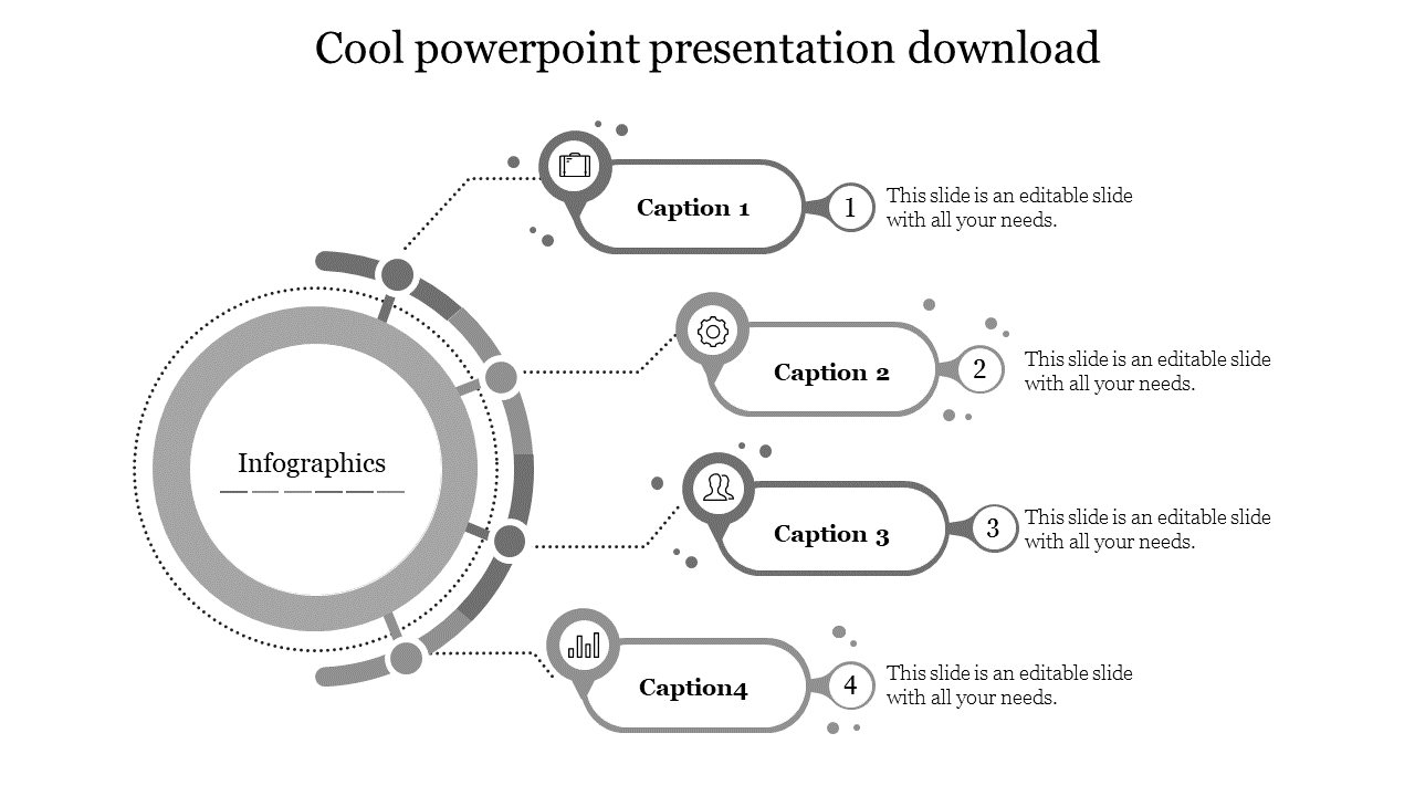 Monochrome infographic PowerPoint slide with a grey circular process flow and four captioned steps on a white backdrop.