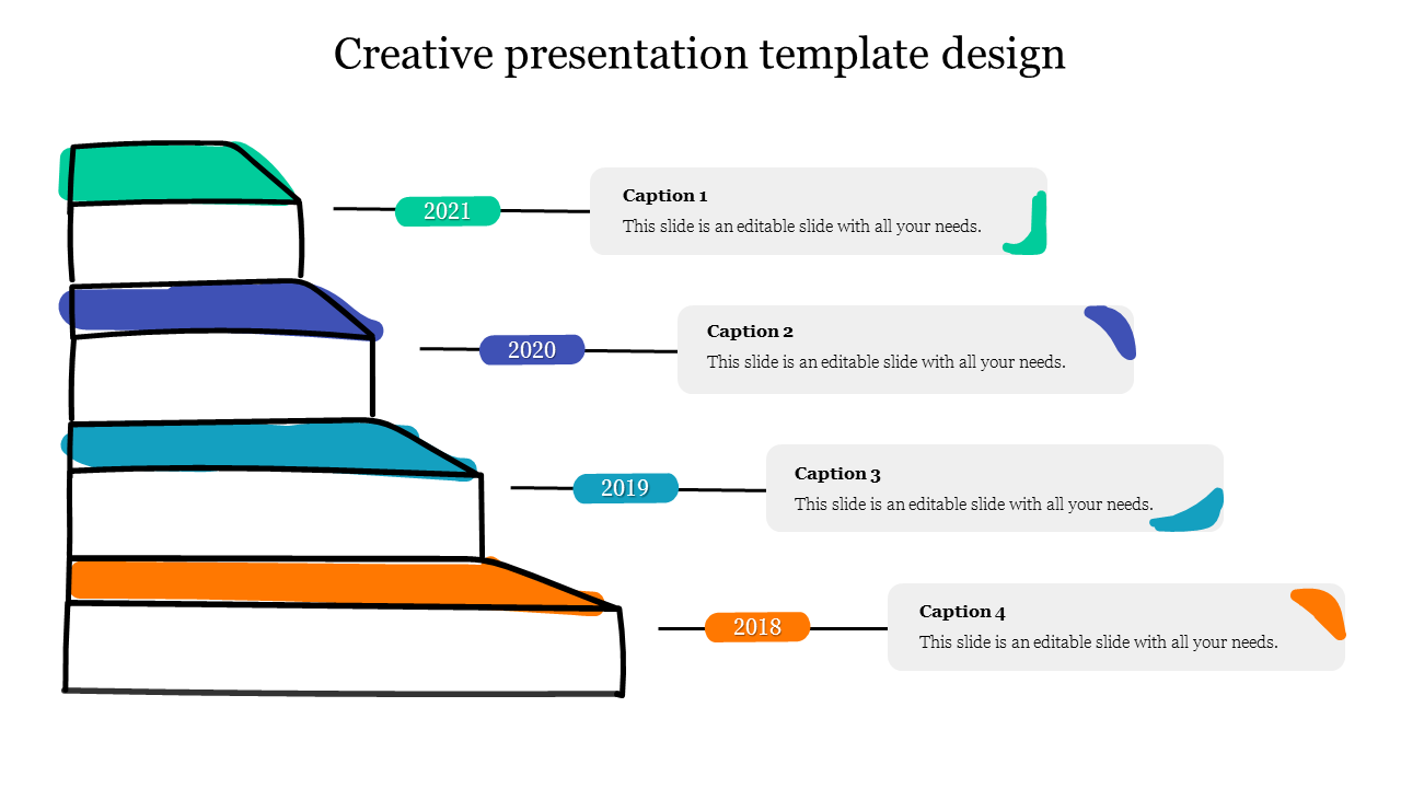 Creative slide featuring four stacked sections in orange, blue, purple, and green, with captions for years from 2018 to 2021.