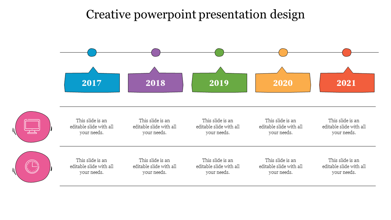 Colorful timeline PowerPoint template displaying years from 2017 to 2021 with two pink icons and placeholder text.