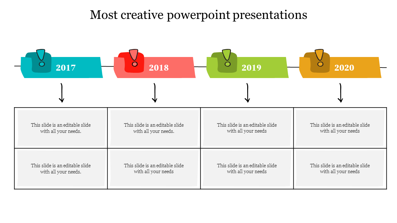 Creative PowerPoint template with four years from 2017 to 2020 highlighted with colored tabs, each with content below.