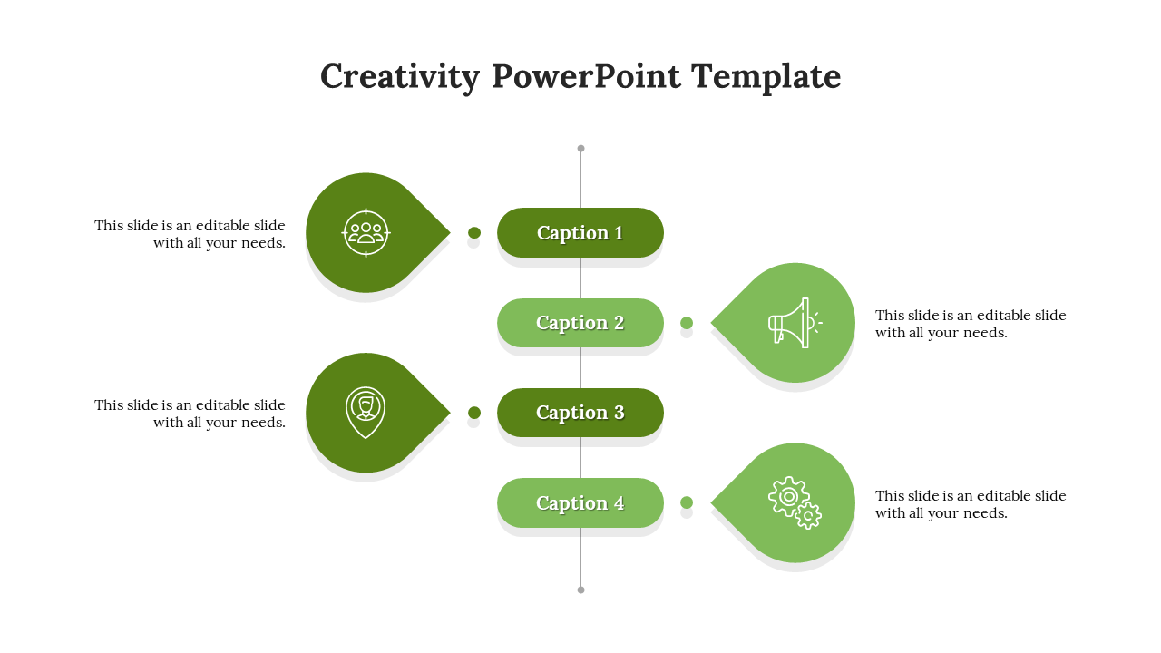 Microsoft PowerPoint template with a structured infographic layout and four captions with green icons and placeholder text.