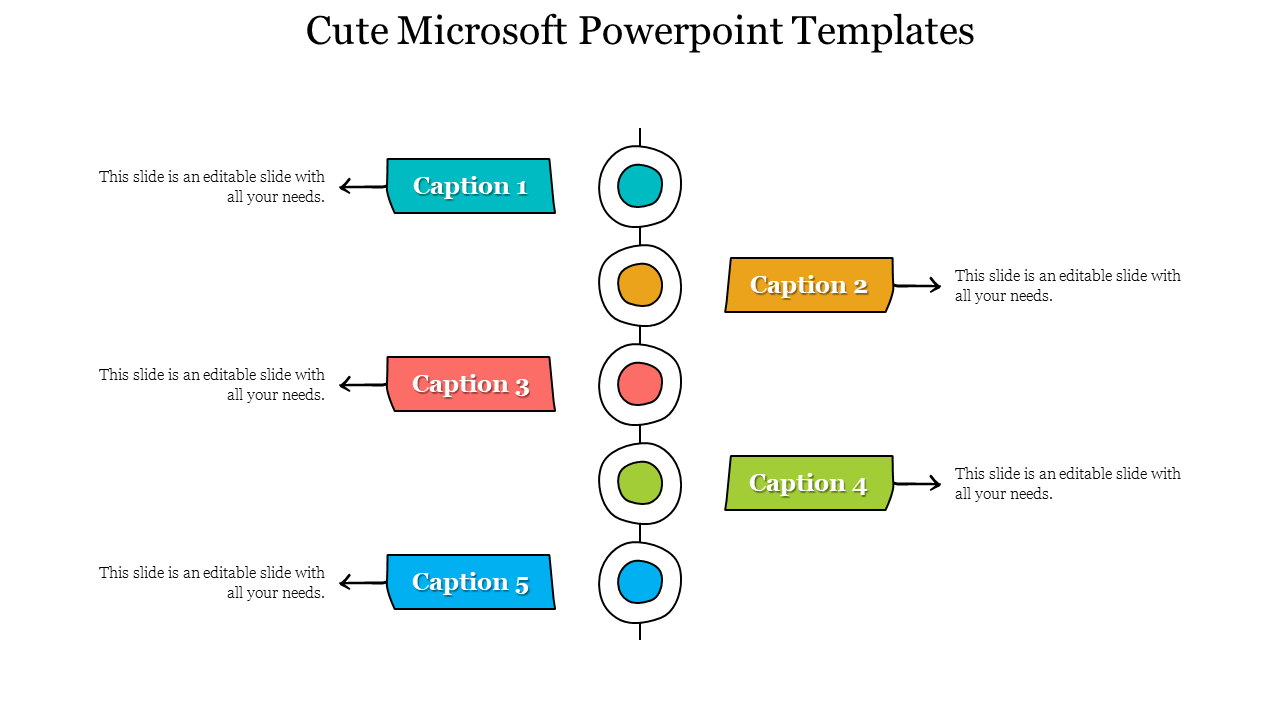 Vertical Microsoft flowchart with five colored circles and alternating caption areas.