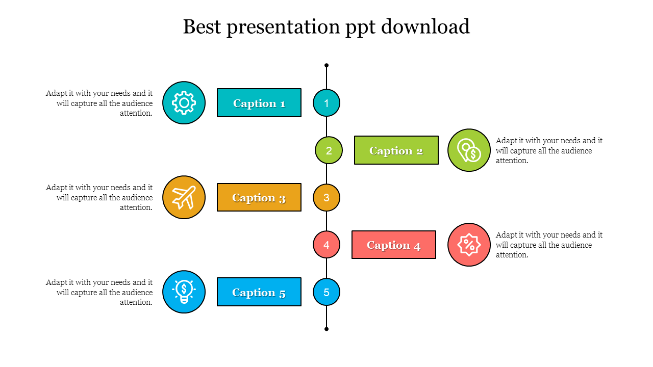 Vertical layout with numbered caption boxes and icons in teal, green, orange, red, and blue, each with text.