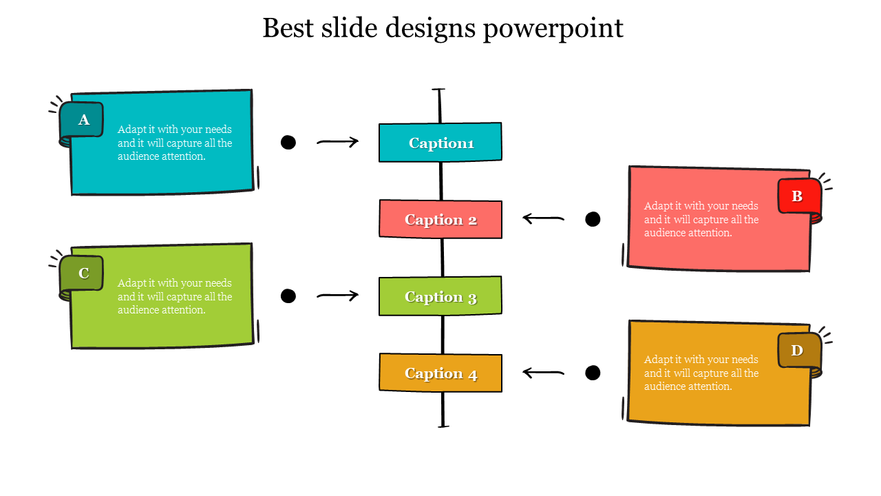 Creative infographic PowerPoint slide with colorful text boxes connected to a central flowchart with placeholder text.