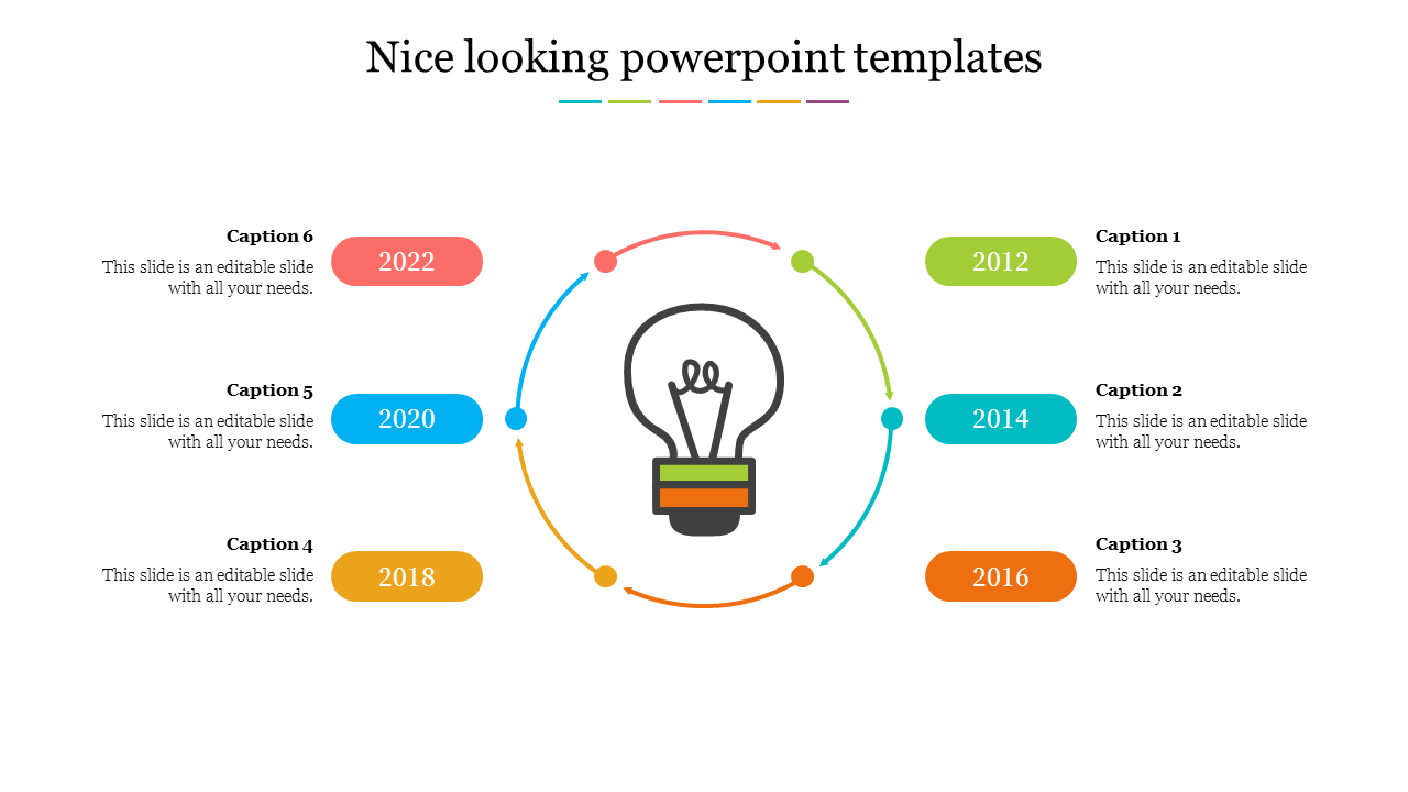 Nice looking colorful PowerPoint template showing years with a lightbulb icon and text placeholders.