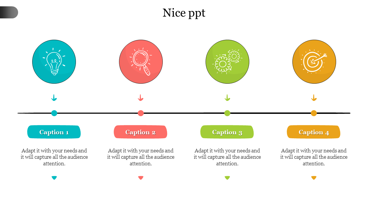 A Nice slide displaying four circular icons representing different steps, with captions and icons underneath.