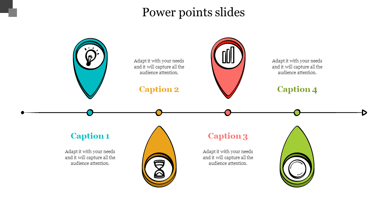 Timeline PowerPoint slide with four colorful location pin style markers representing different stages with captions.