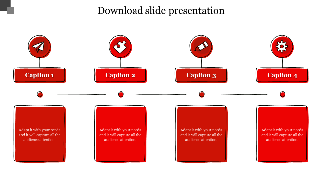 Four-step horizontal layout with red icons and captions, each followed by a block of placeholder text beneath.