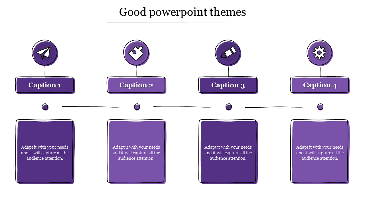 Purple themed PowerPoint template with four sections, each featuring an icon, caption, and text box on a white backdrop.