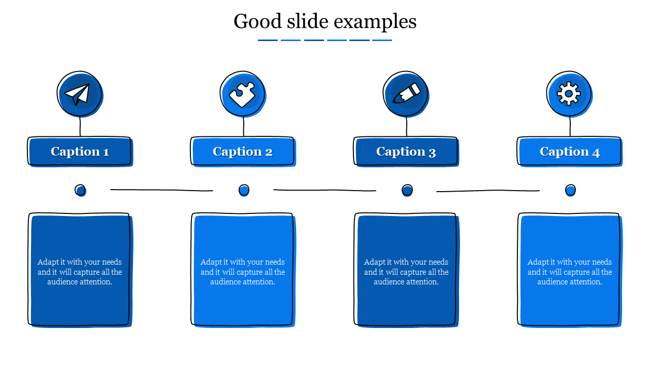 Four step process good slide with icons and captions for each step on a blue theme.