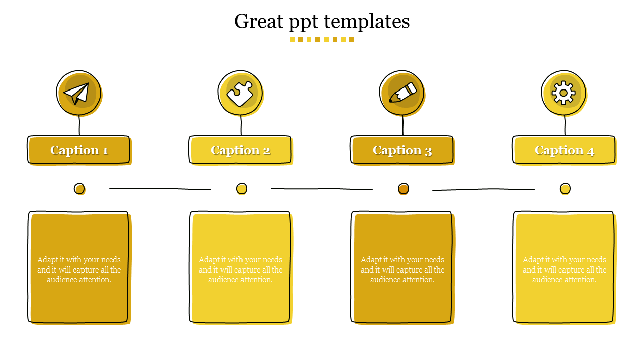 Yellow themed slide with four circular icons at the top, each paired with a caption and a description box below.