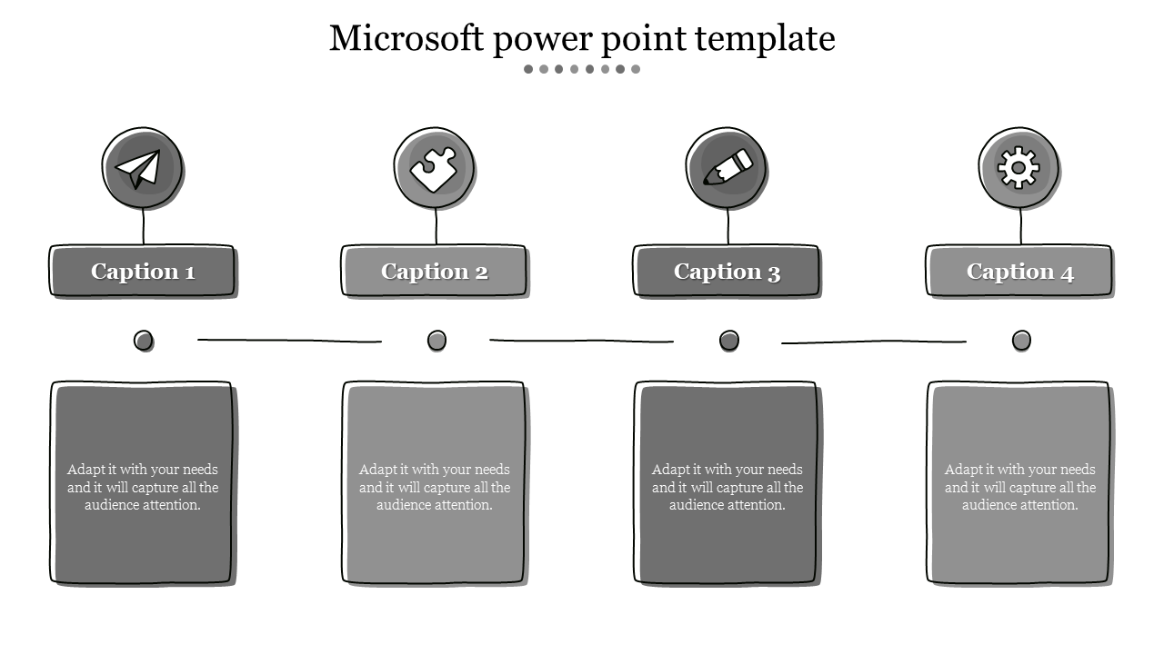 Gray themed PowerPoint with four circular icons and square text boxes arranged in a row with dotted separators.