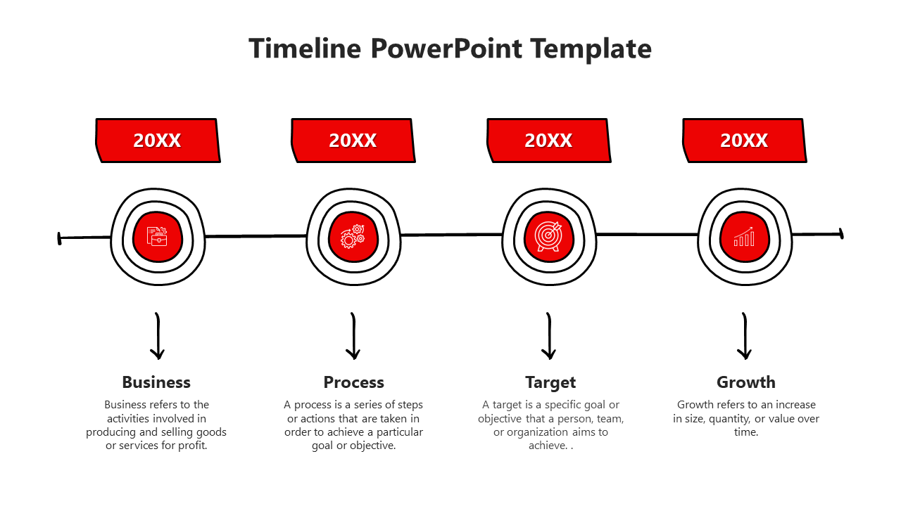 Modern infographic style PPT slide with key business concepts and red circular icons and text descriptions.