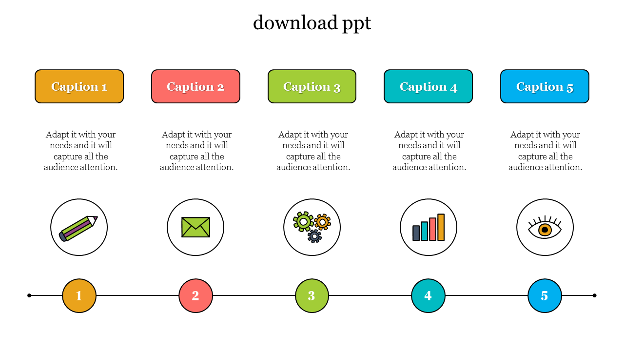 Colorful infographic PPT slide with five captions, icons, and a step by step process with placeholder text.