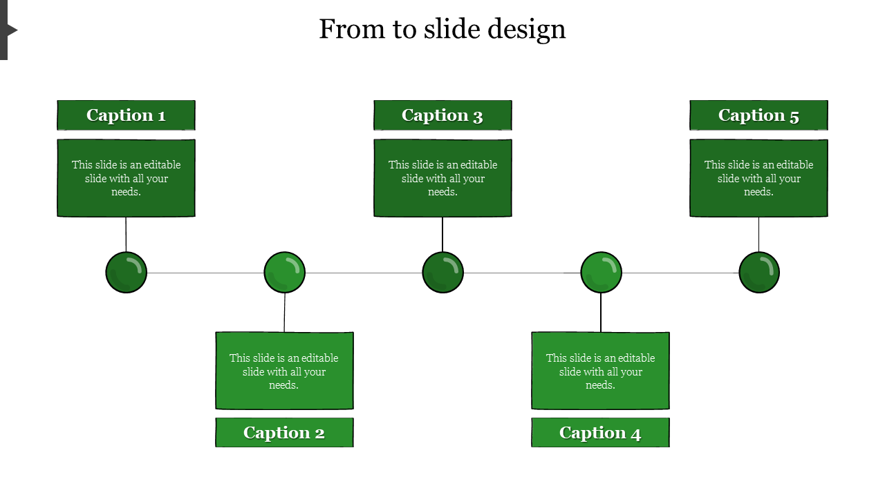 Flow chart design with alternating green boxes, connected by circular nodes on a straight line with caption areas.