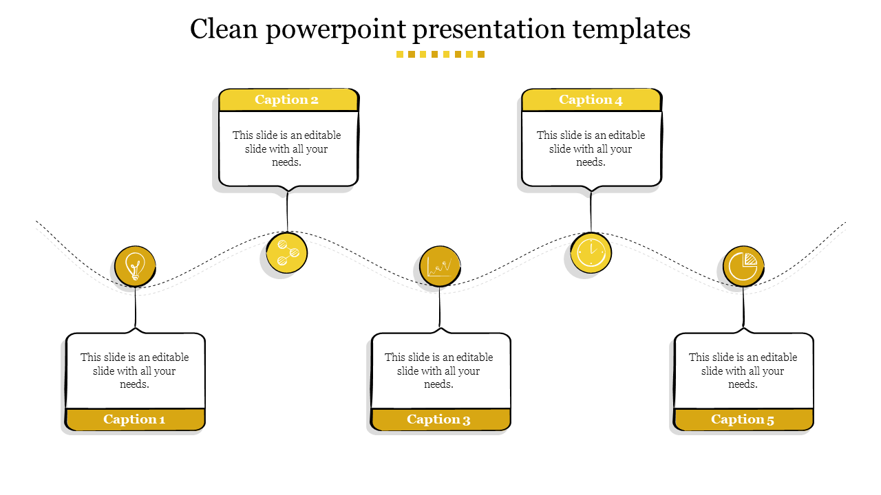 Yellow themed slide with five captions paired with icons, and curved connecting lines on a white background.