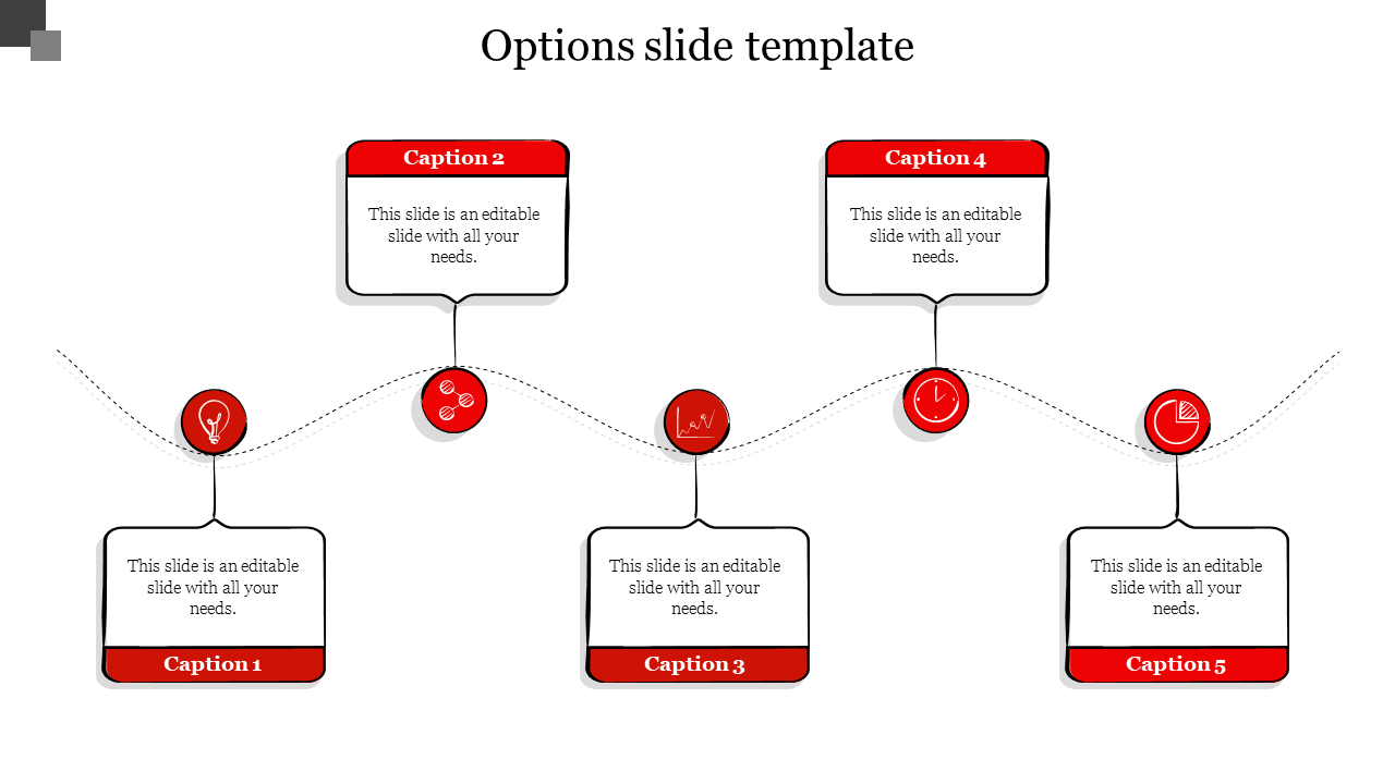 Red and white option slide with five connected text boxes and icons for lightbulb, chart, stopwatch, and pie chart.