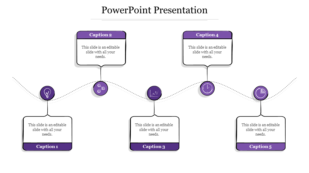 Purple themed slide with five caption boxes linked by dashed lines and various icons arranged above each section.