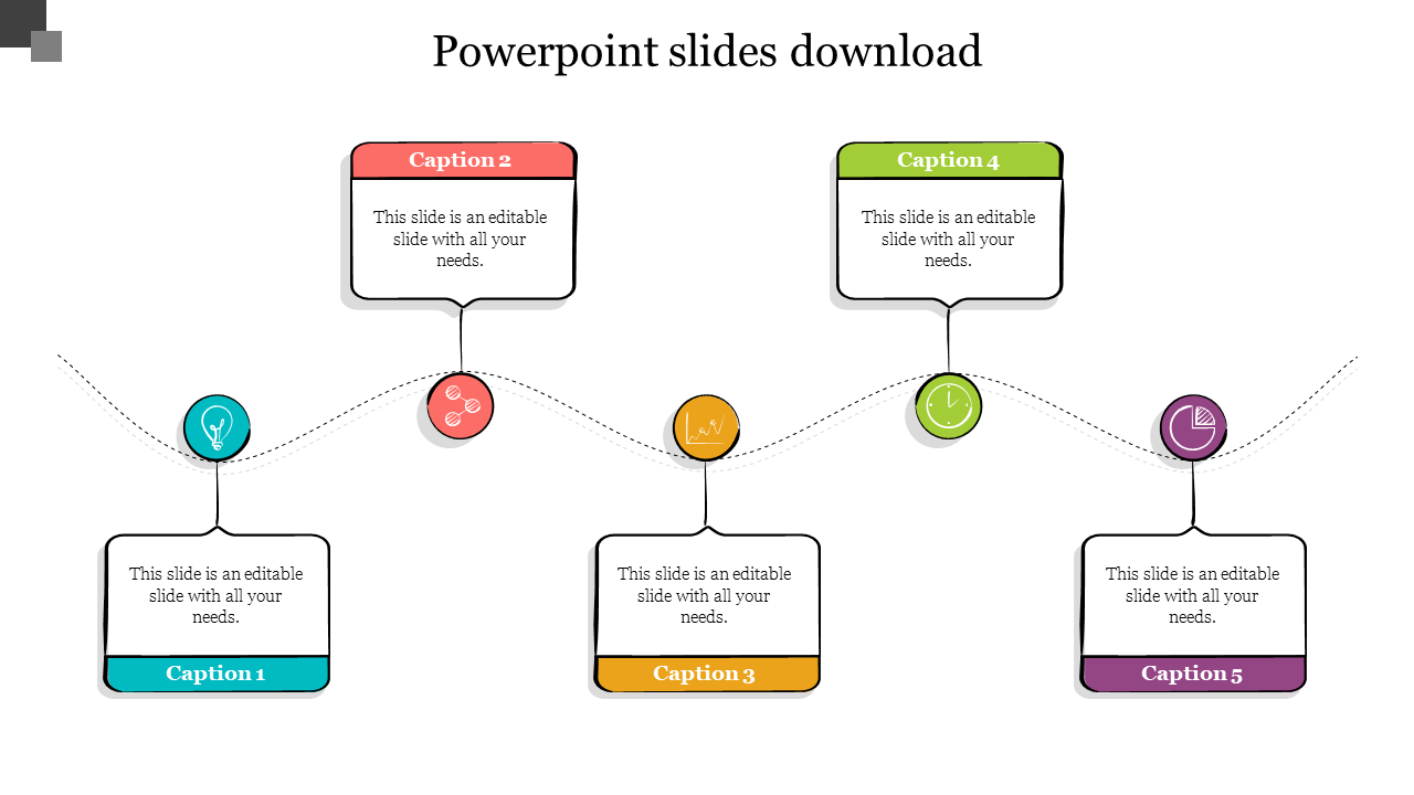 Flowchart with five colorful caption boxes in teal, red, yellow, green, and purple, connected by curved lines.