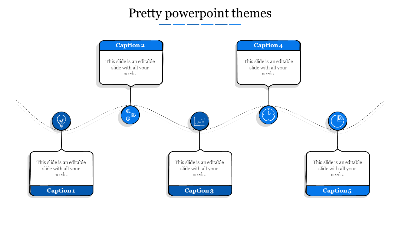 Elegant PowerPoint slide design with blue themed text boxes and icons connected by a curved path on a white backdrop.