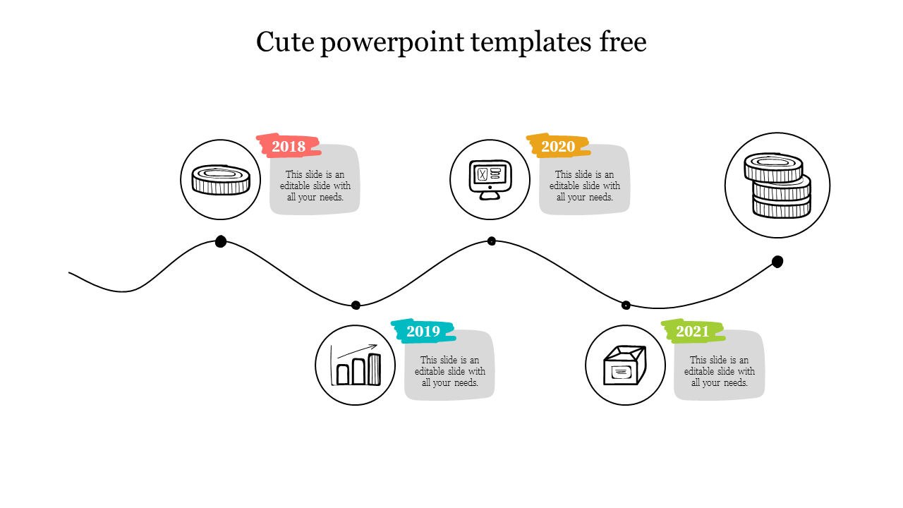 Cute timeline slide for 2018 to 2021, showcasing icons and editable text boxes connected by a wavy line.