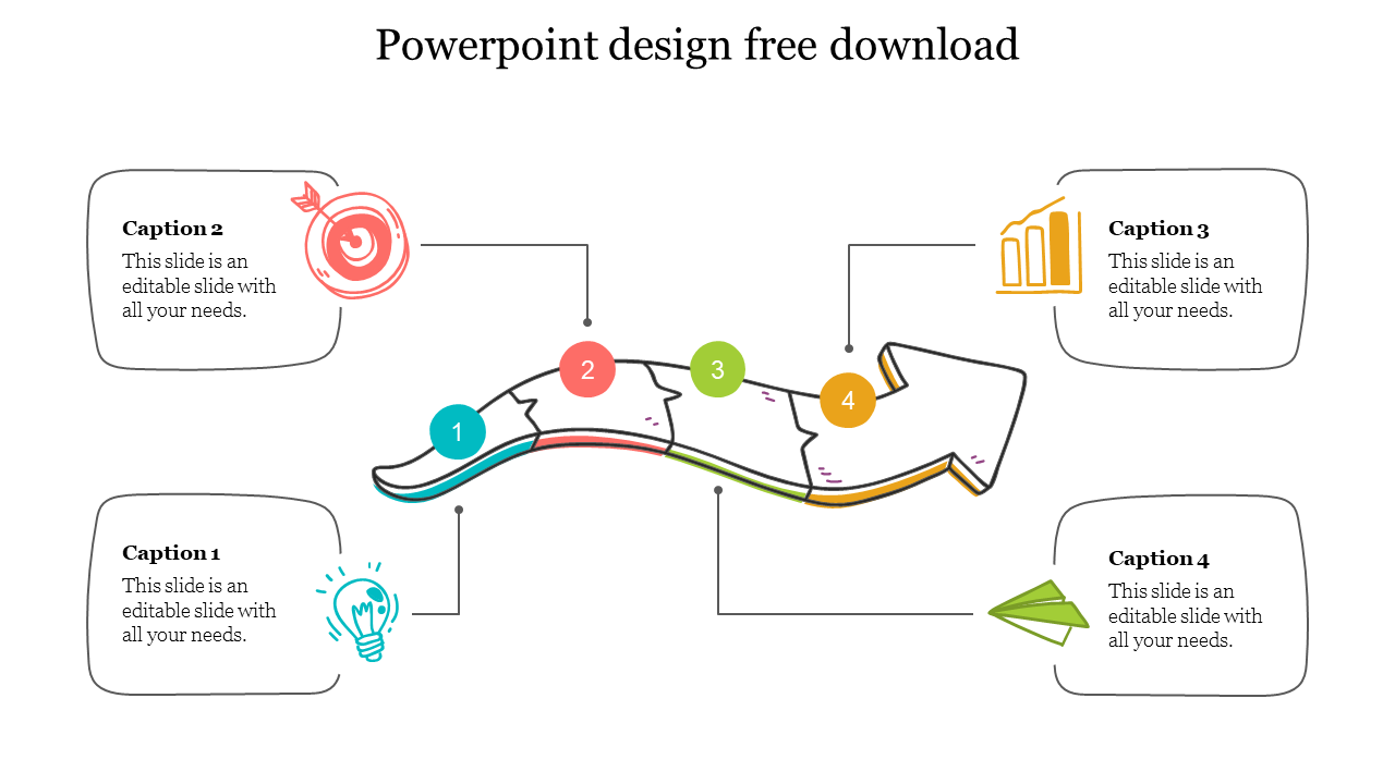 Flowchart-style design featuring a curved arrow with four steps, each step connected to a caption areas with an icon.