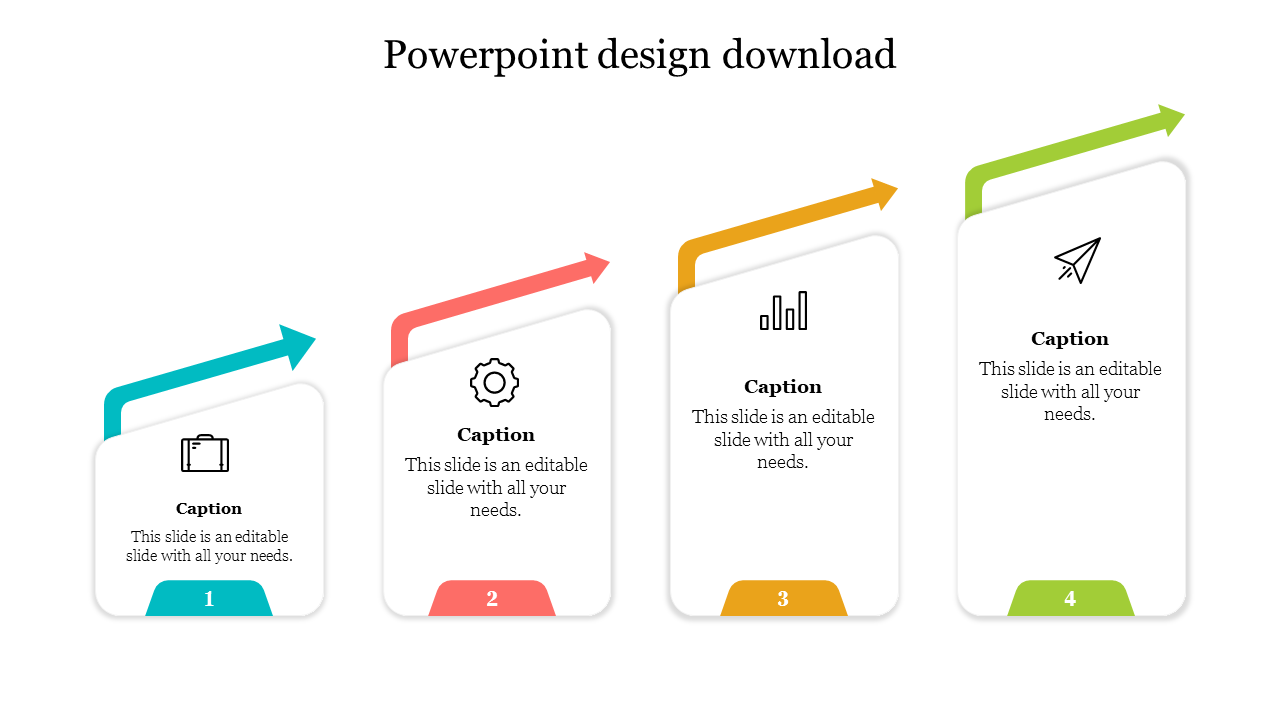 Four-part design process template with arrows and icons, progressing from a briefcase to a paper plane.