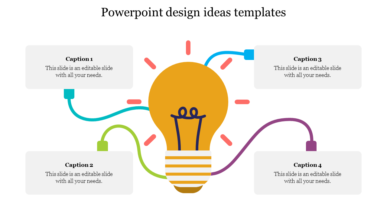 Ideas design template with a large lightbulb illustration connected to four text boxes labeled  from caption 1 to caption 4.