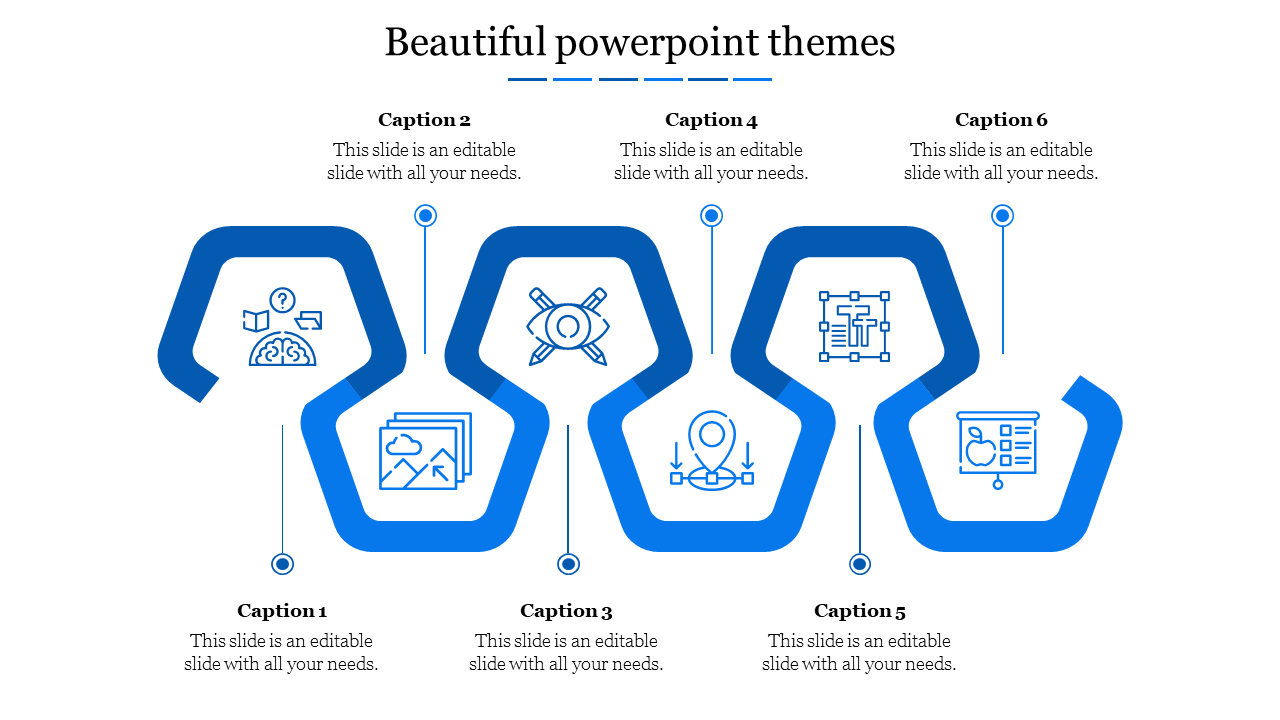 Modern PowerPoint slide with a wavy blue hexagon shape featuring six steps and icons with captions on a white backdrop.