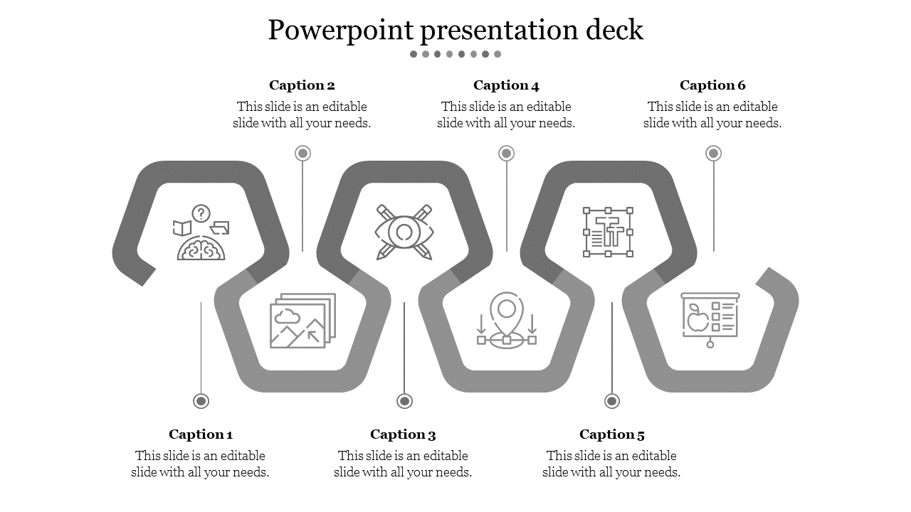 Series of six interconnected hexagonal shapes with icons inside, set in a clean gray color scheme, connected by dots.