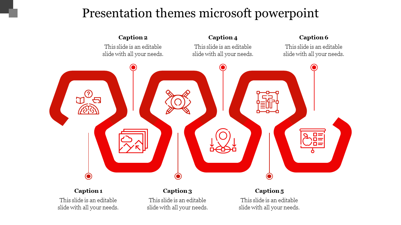 Microsoft theme slide with a red, zigzag path connecting six icons related to business and design.