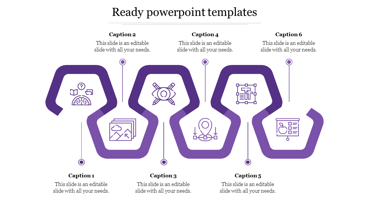 A ready made slide with hexagon-shaped diagram in purple, featuring six icons , with captions areas above. 