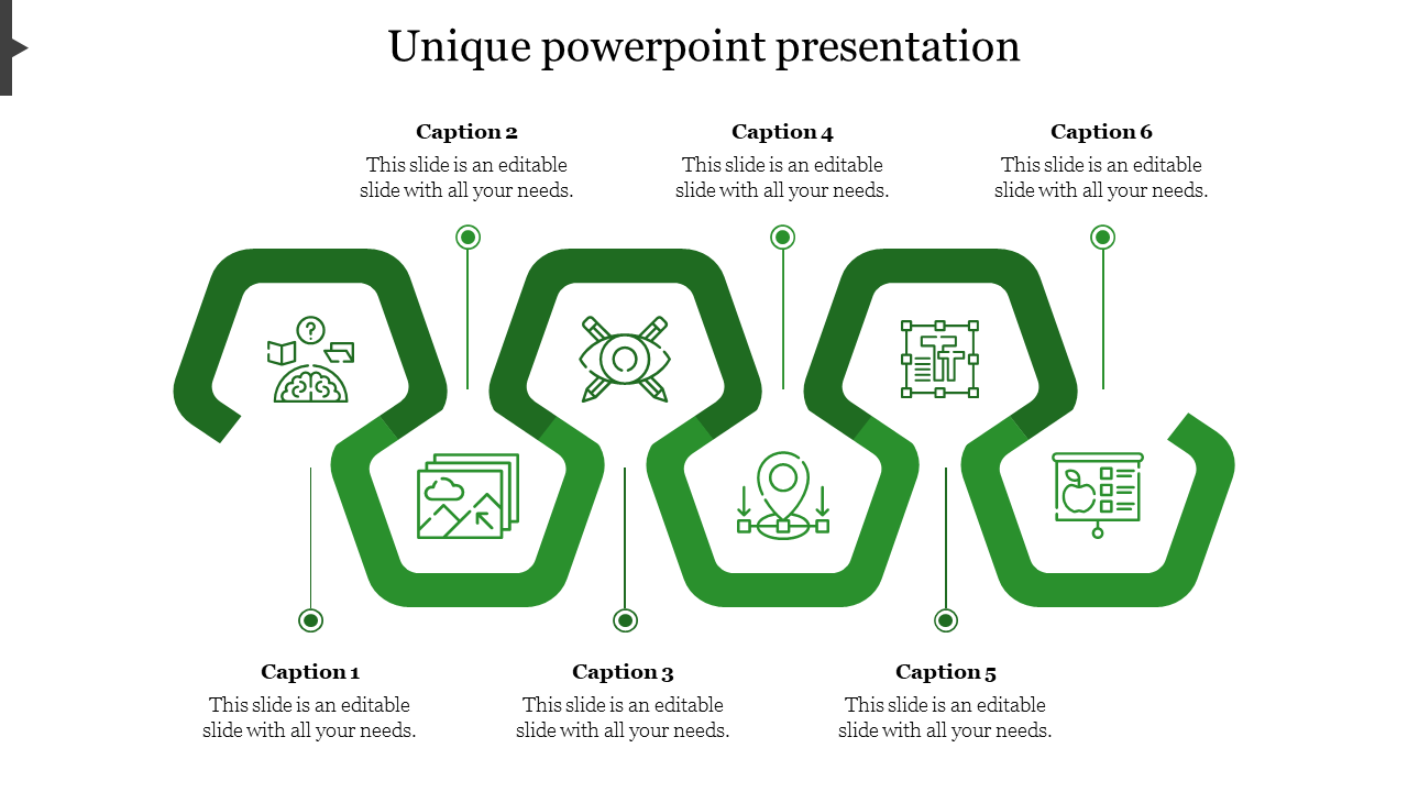 Modern PowerPoint slide with a wavy green hexagon shape featuring six steps and icons with captions on a white backdrop.