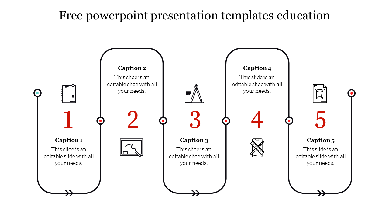 Minimalist educational PowerPoint template featuring a five step with icons and captions on a white backdrop.