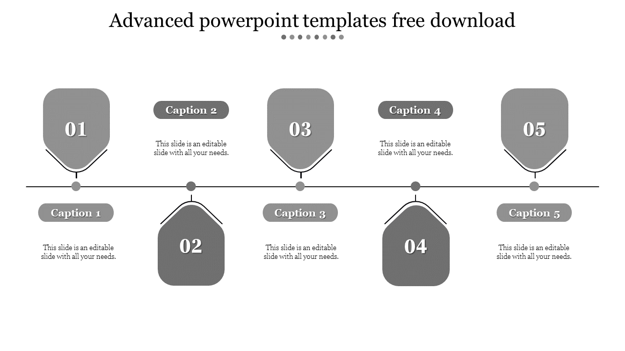 A slide showing a horizontal timeline with five numbered sections, each with captions for content in a modern design.