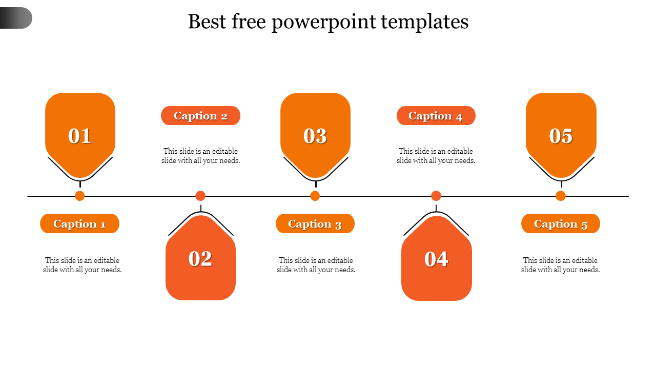 Orange themed slide showing five numbered pentagon shapes, each linked to captions, forming a sequential layout.