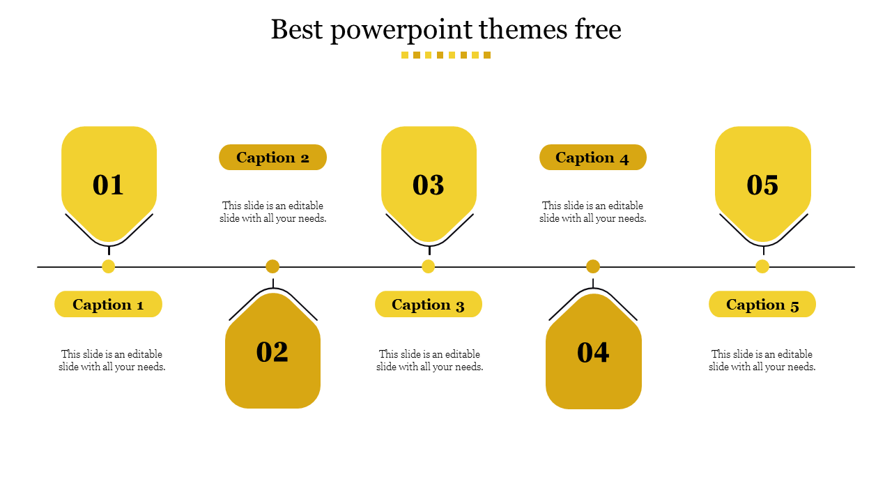 Modern timeline PowerPoint template with five yellow milestone markers and captions on a white backdrop.