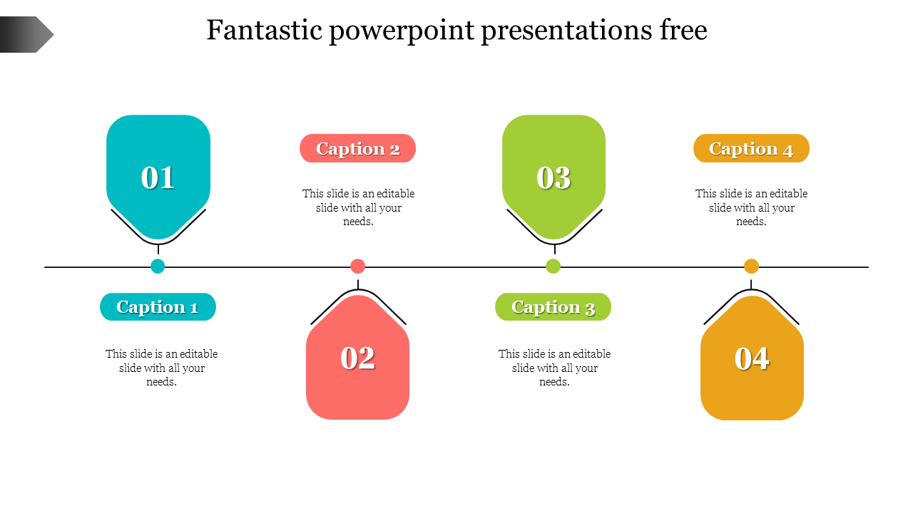 Four colored fantastic shapes numbered 01 to 04 aligned along a horizontal timeline with caption placeholders below each.