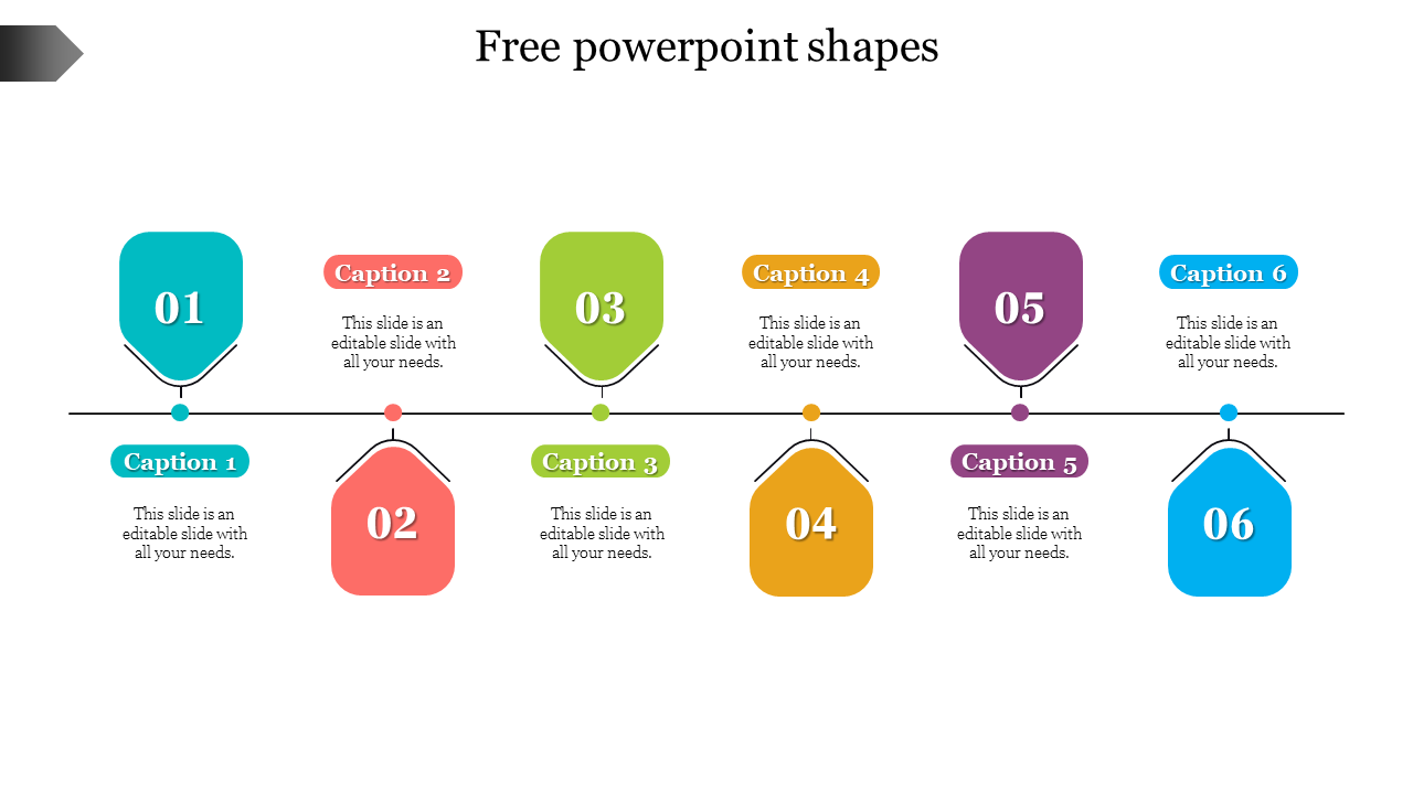 Timeline style infographic slide with six colored shapes, each labeled with captions and placeholder text.