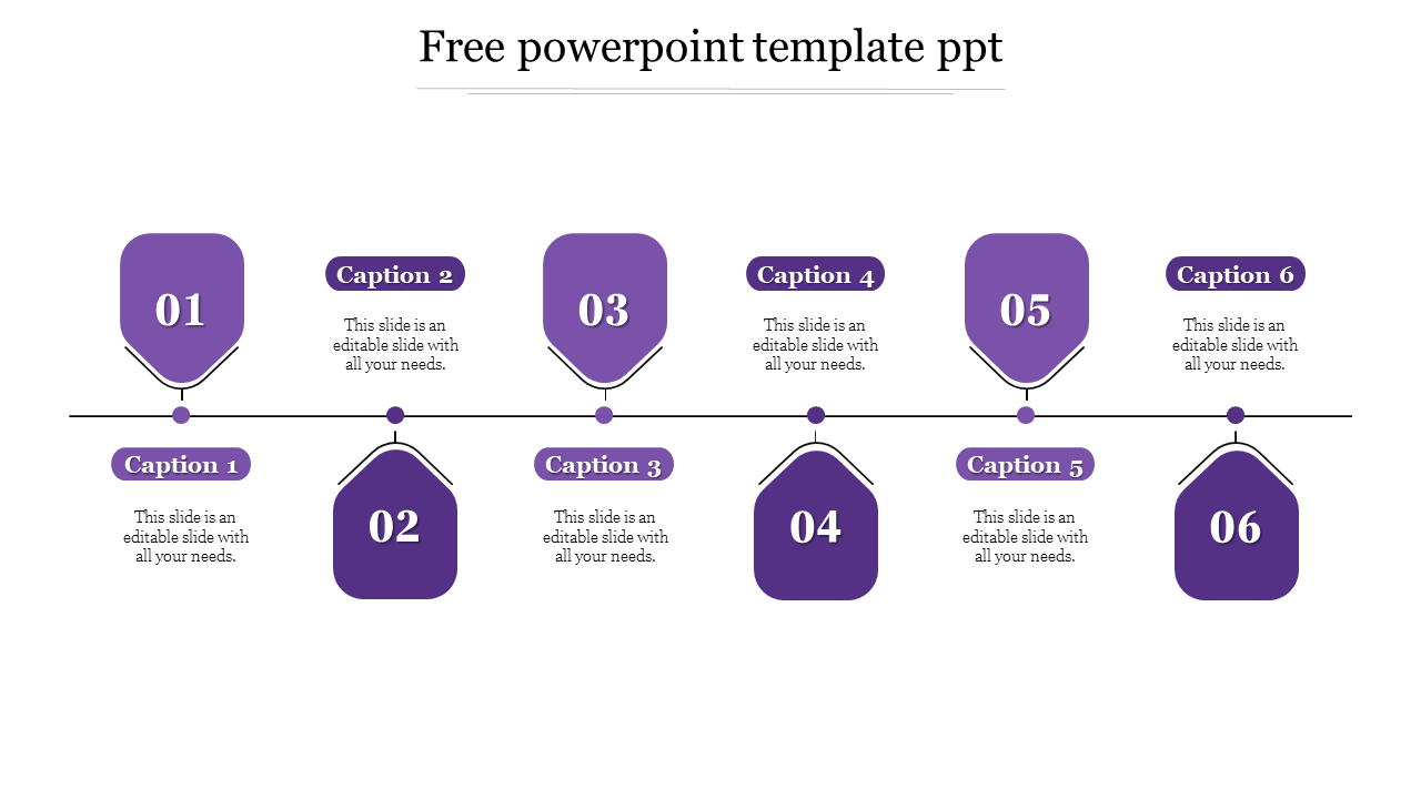 Timeline PowerPoint slide with six purple milestones and captions with placeholder text on a white backdrop.