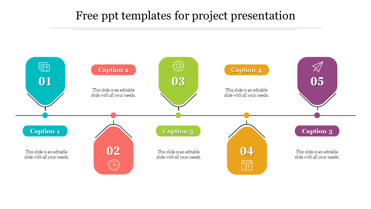 Slide for project presentation with five colorful icons representing different project stages with captions and numbers.