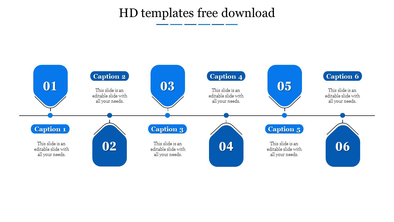 Slide featuring six numbered blue pentagonal shapes with captions, aligned horizontally and separated by dots.