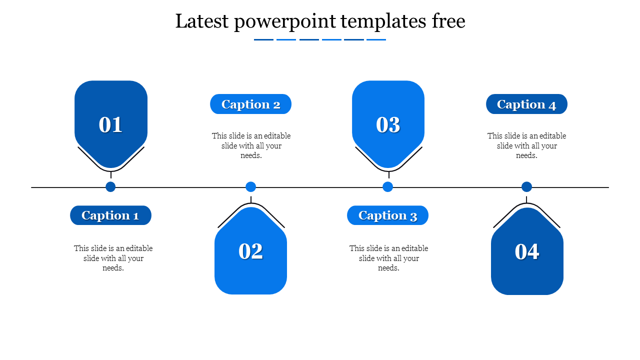 Blue themed timeline PowerPoint slide with four sequential steps and captions on a white backdrop.