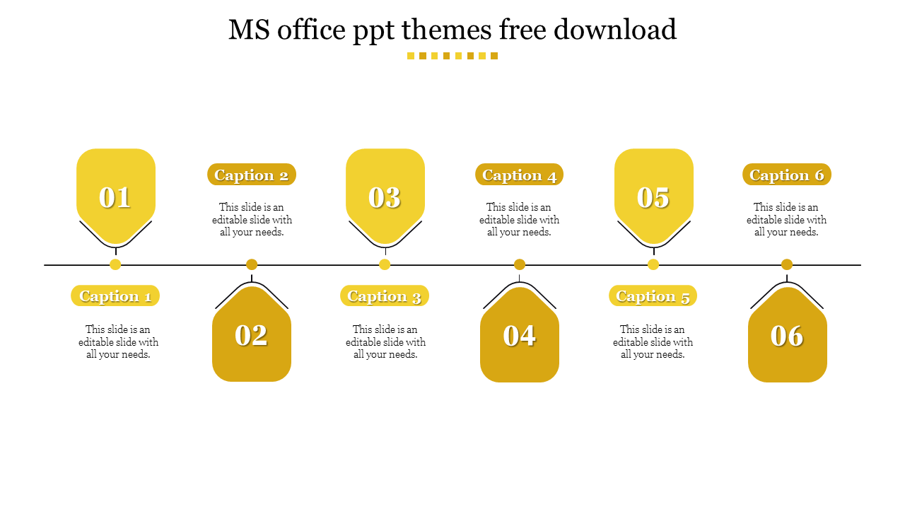 MS Office theme showcasing a six-step timeline with yellow labels and placeholder text areas.